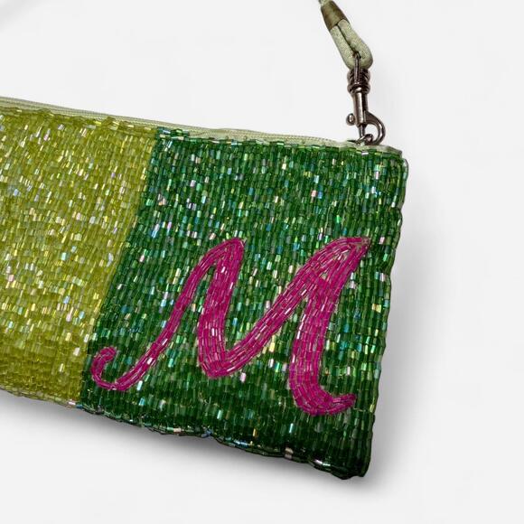 Green And Pink Beaded Shoulder Bag Clutch Monogram M - Picture 2 of 6